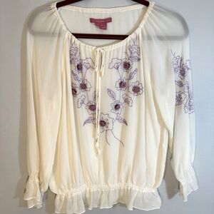 YILING Womens Size XXL Blouse 100% Silk Peasant Long Sleeve Embroidered Flower